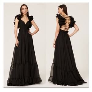 MAC DUGGAL Ieena Black Chiffon Lace Up Back Cut Out Middle Gown Dress Size 6